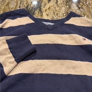 Tommy Hilfiger Sweater Mens L Blue Beige Striped Cotton Rugby Pullover Preppy